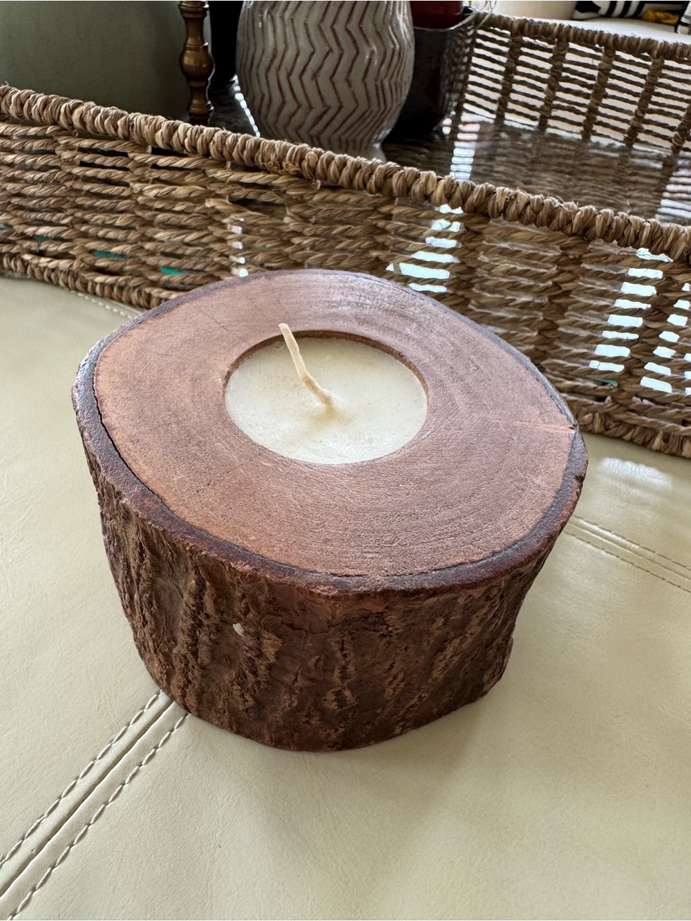 The Barrel Shack Rustic Wood Log Candle Holder with Cream Candle